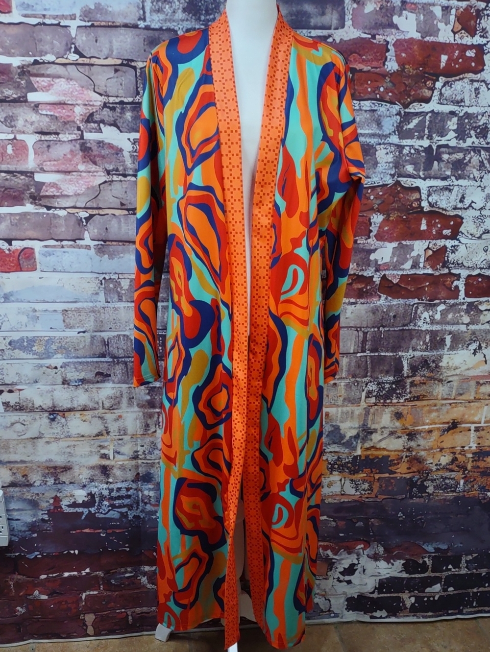 Vibrant Abstract Print Duster with Orange Trim
